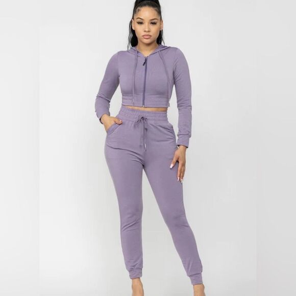 Purple low key crop hoodie jogger workout lounge set size large NWT - Picture 1 of 7